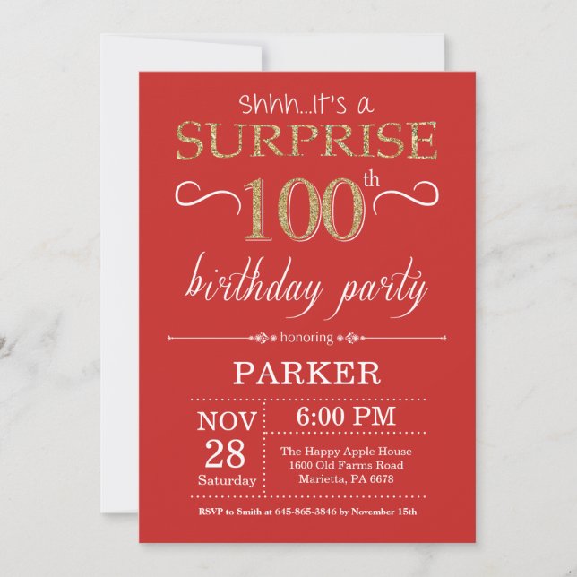 Surprise 100th Birthday Invitation Red and Gold (Front)