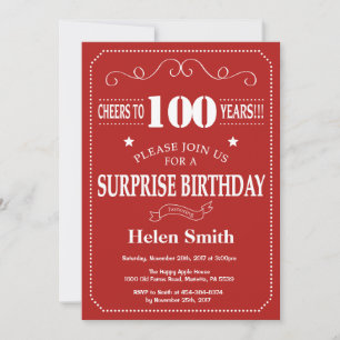 Surprise 100th Birthday Invitation Red and White
