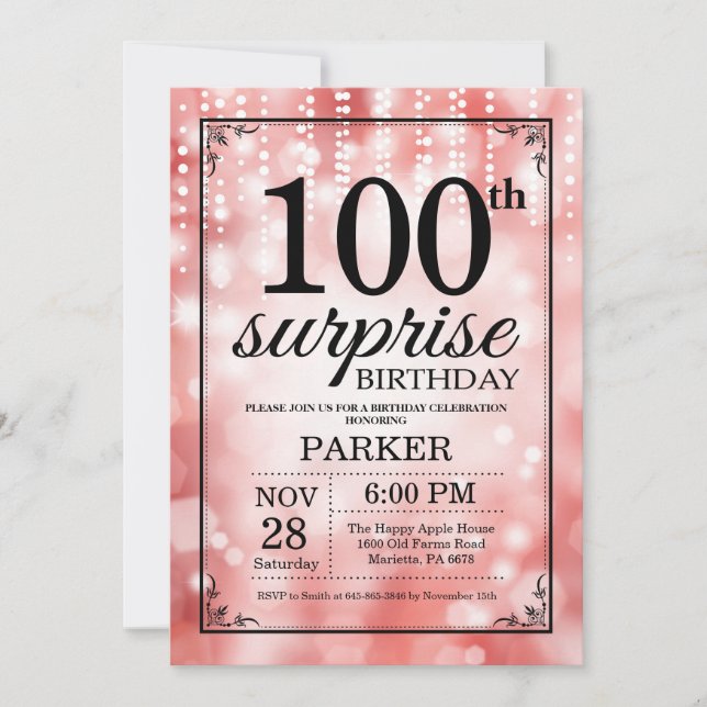 Surprise 100th Birthday Invitation Red Glitter (Front)