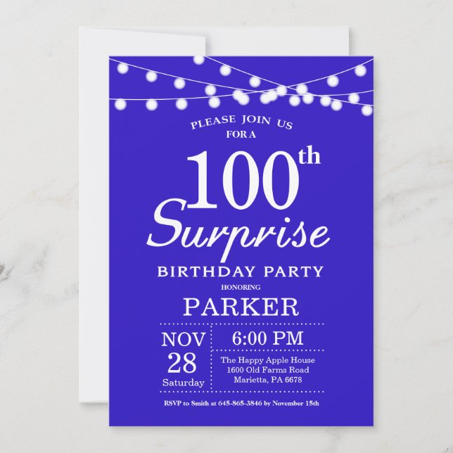 Surprise 100th Birthday Invitation Royal Blue (Front)