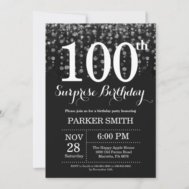 Surprise 100th Birthday Invitation Silver Glitter (Front)