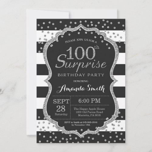 Surprise 100th Birthday Invitation Silver Glitter Invitation