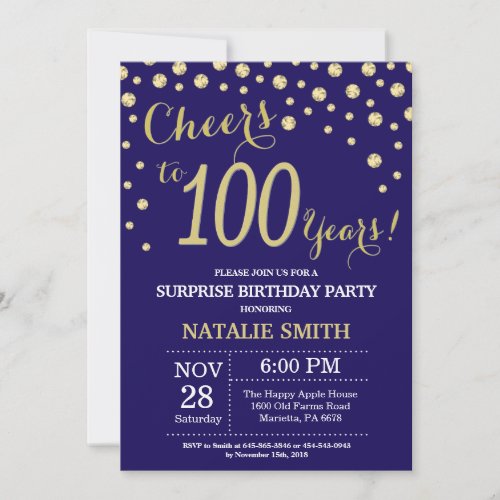 Surprise 100th Birthday Navy Blue and Gold Diamond Invitation