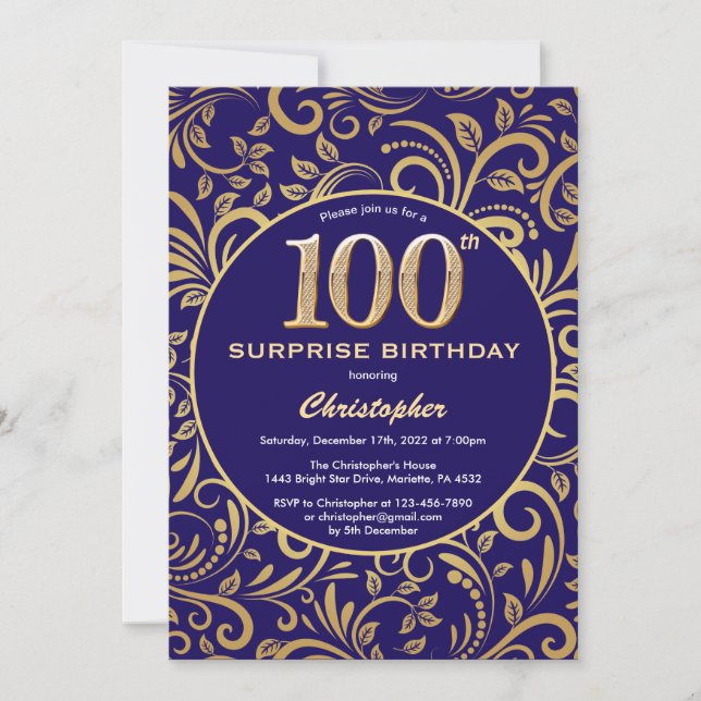 Surprise 100th Birthday Navy Blue and Gold Floral Invitation (Front)