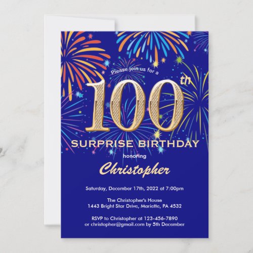 Surprise 100th Birthday Navy Blue  Gold Firework Invitation