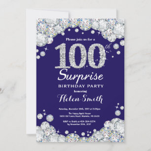 Surprise 100th Birthday Navy Blue Silver Diamond Invitation