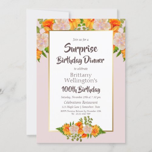 Surprise 100th Birthday Orange Floral Gold Border Invitation