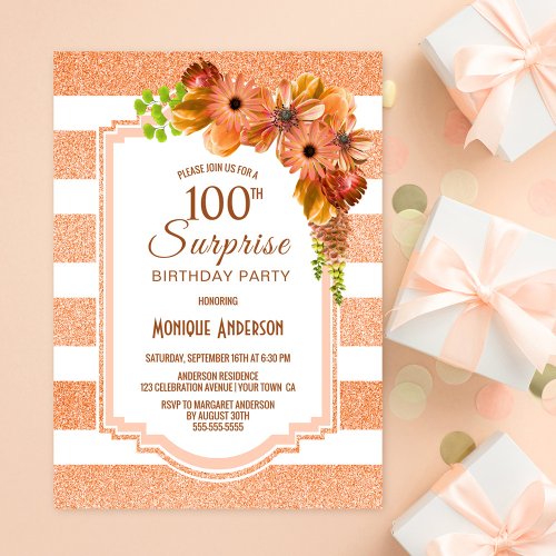 Surprise 100th Birthday Orange Striped Floral Invitation