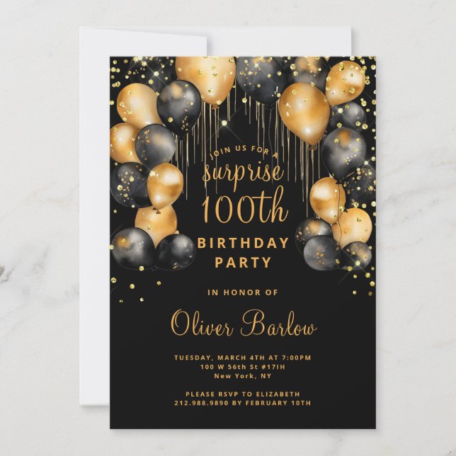 Surprise 100th Birthday Party Black Gold  Invitation (Front)