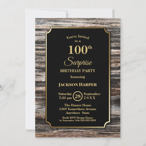 Surprise 100th Birthday Party Gold Frame Wood Invitation