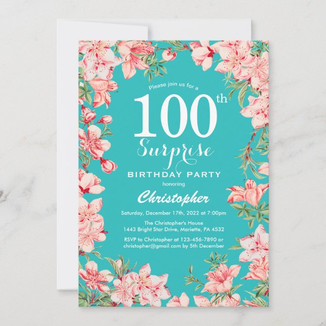 Surprise 100th Birthday Pink Floral Flowers Teal Invitation (Front)