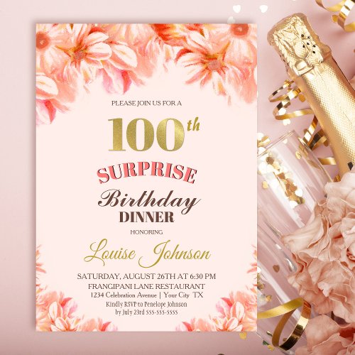 Surprise 100th Birthday Pink Gold Floral Dinner Invitation