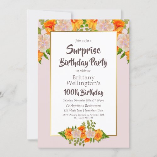 Surprise 100th Birthday Pink Orange Gold Party Invitation