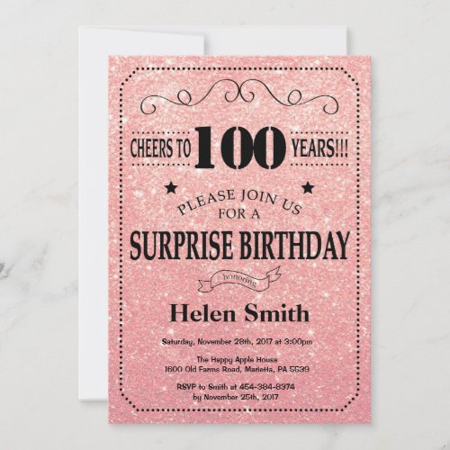 Surprise 100th Birthday Pink Rose Gold Glitter Invitation