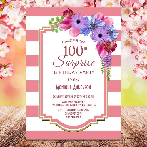 Surprise 100th Birthday Pink Striped Floral Party Invitation