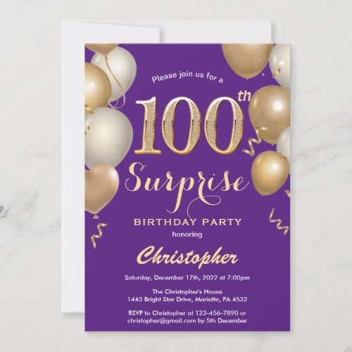 Surprise 100th Birthday Purple and Gold Balloons Invitation