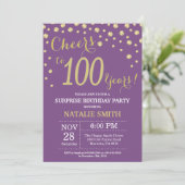 Surprise 100th Birthday Purple and Gold Diamond Invitation (Standing Front)