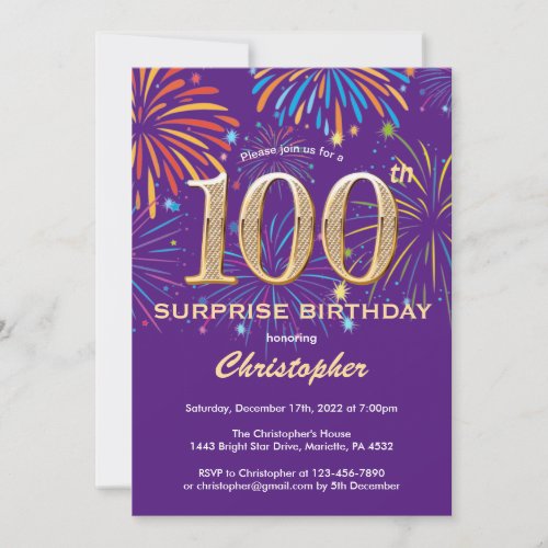 Surprise 100th Birthday Purple and Gold Firework Invitation