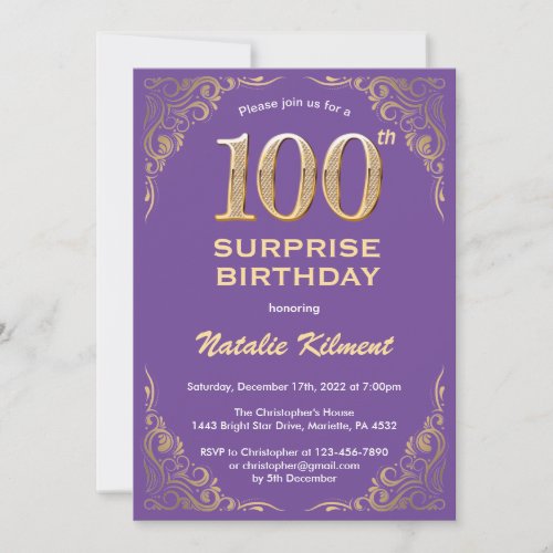 Surprise 100th Birthday Purple and Gold Glitter Invitation