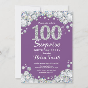 Surprise 100th Birthday Purple and Silver Diamond Invitation