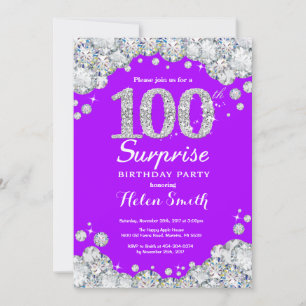 Surprise 100th Birthday Purple and Silver Diamond Invitation
