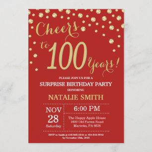 Surprise 100th Birthday Red and Gold Diamond Invitation
