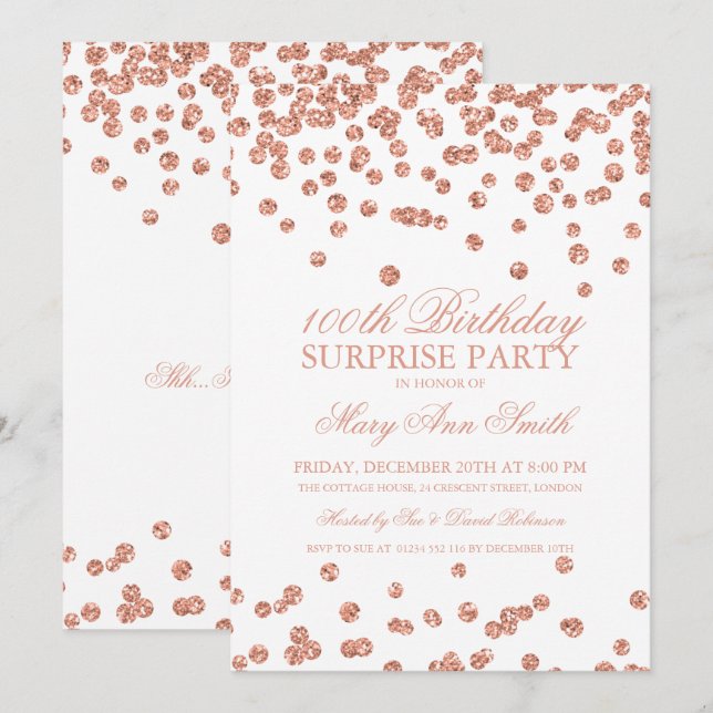 Surprise 100th Birthday Rose Gold Glitter Confetti Invitation (Front/Back)