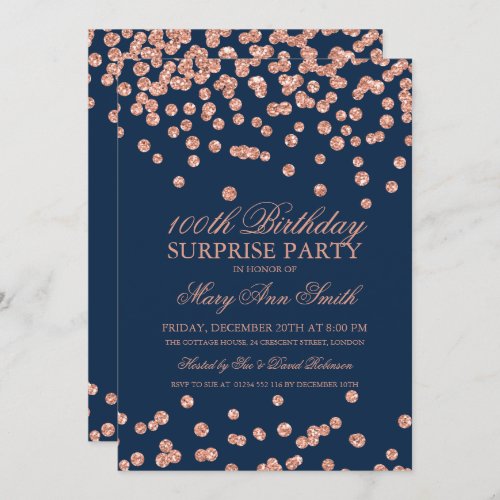 Surprise 100th Birthday Rose Gold Glitter Navy Blu Invitation