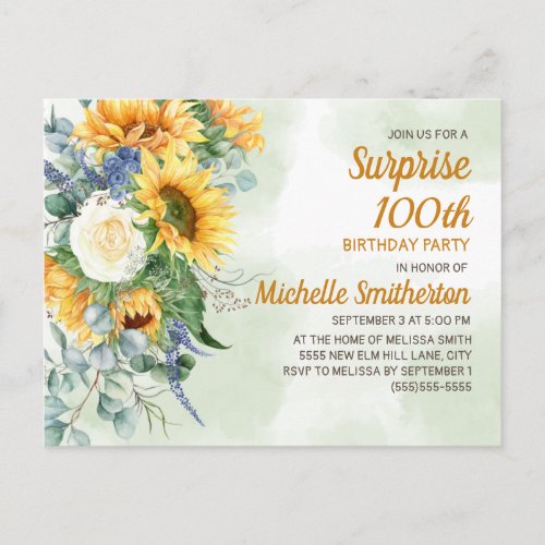 Surprise 100th Birthday Sunflowers Eucalyptus Postcard