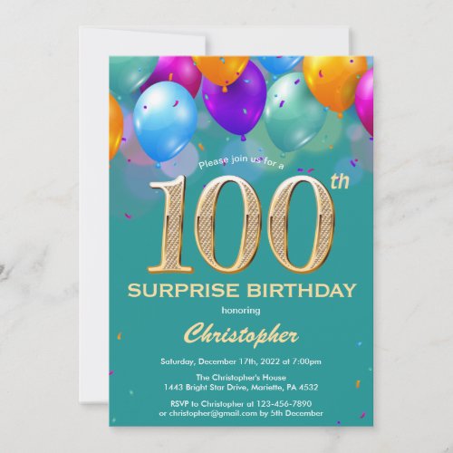 Surprise 100th Birthday Teal and Gold Balloons Invitation