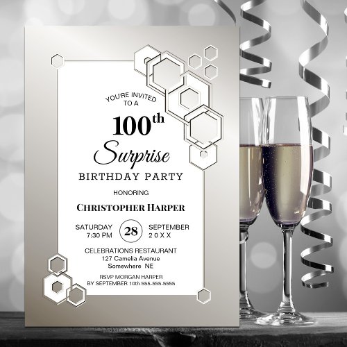 Surprise 100th Geometric Silver Birthday Party Invitation