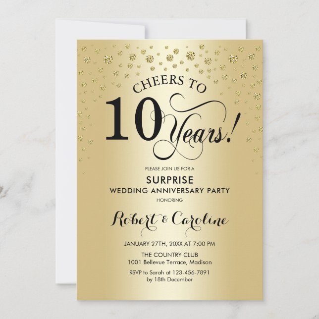 Surprise 10th Anniversary Celebration - Gold Black Invitation (Front)
