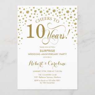 Surprise 10th Anniversary Celebration - Gold White Invitation