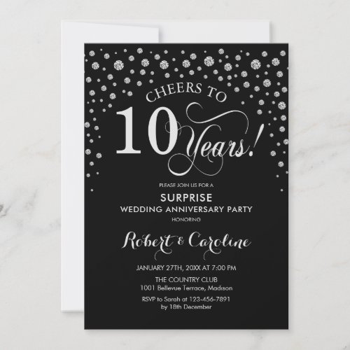 Surprise 10th Anniversary Party _ Black Silver Invitation