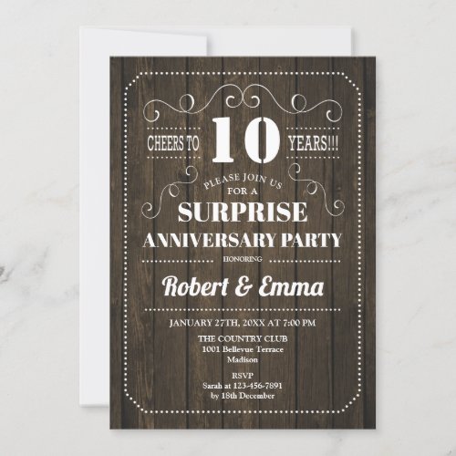 Surprise 10th Anniversary Party _ Rustic Wood Invitation