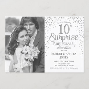 Surprise 10th Anniversary Photo - White Silver Invitation