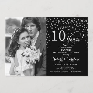 Surprise 10th Anniversary with Photo Black Silver Invitation