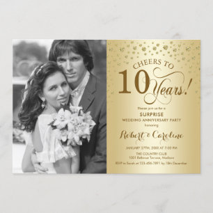 Surprise 10th Anniversary with Photo Gold Elegant Invitation