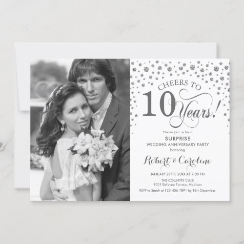 Surprise 10th Anniversary with Photo White Silver Invitation