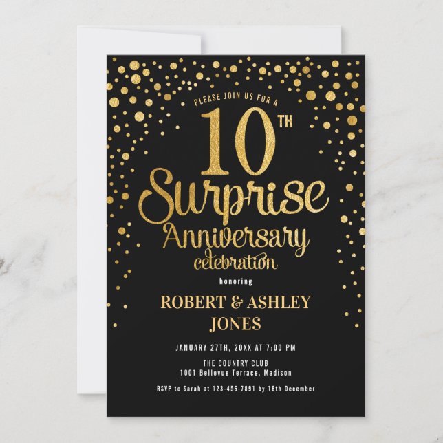 Surprise 10th Wedding Anniversary - Black & Gold Invitation (Front)