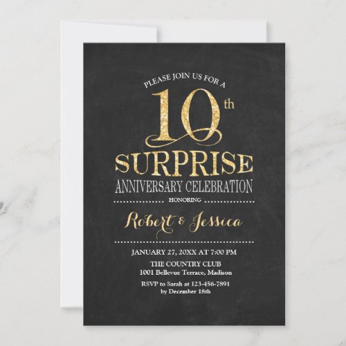 Surprise 10th Wedding Anniversary Chalkboard Gold Invitation