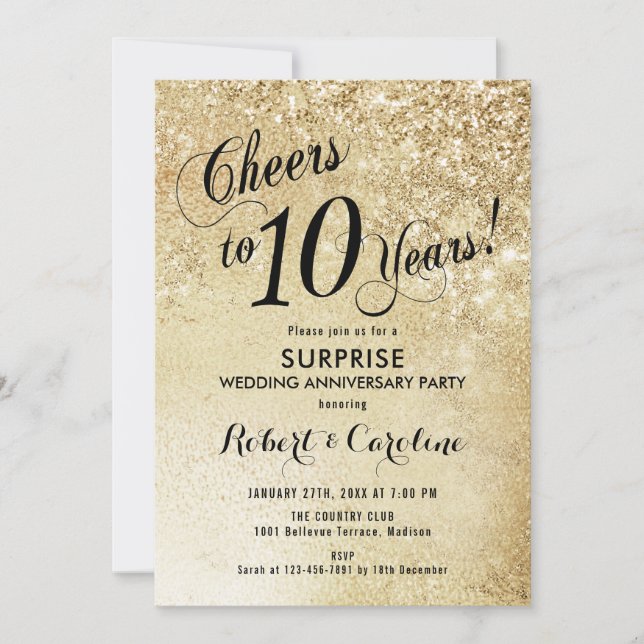 Surprise 10th Wedding Anniversary - Gold Invitation (Front)