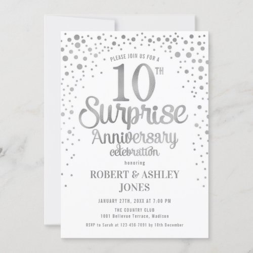 Surprise 10th Wedding Anniversary _ Silver  White Invitation