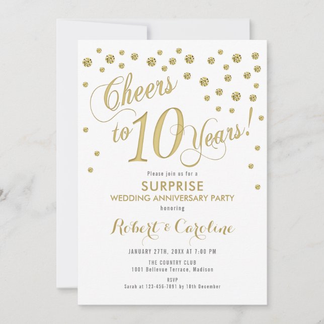 Surprise 10th Wedding Anniversary - White & Gold Invitation (Front)