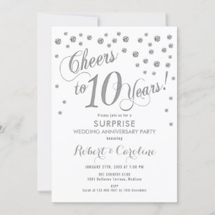 Surprise 10th Wedding Anniversary - White & Silver Invitation