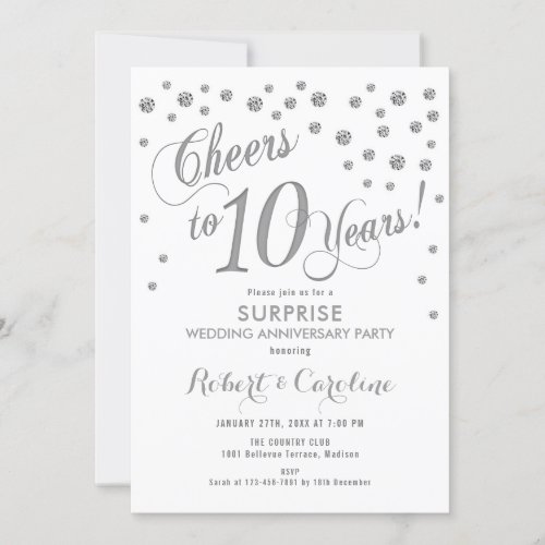 Surprise 10th Wedding Anniversary _ White  Silver Invitation