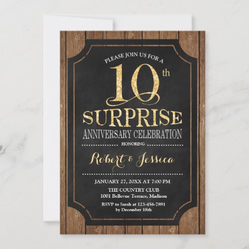 Surprise 10th Wedding Anniversary _ Wood Gold Invitation