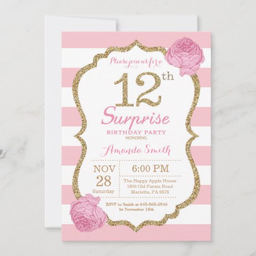 Surprise 12th Birthday Invitation Pink and Gold