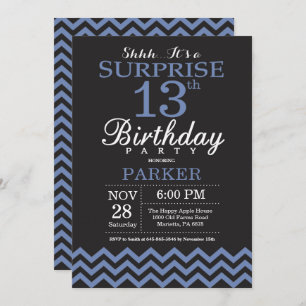 Surprise 13th Birthday Black and Blue Chevron Invitation