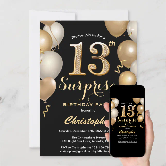 Surprise 13th Birthday Black and Gold Balloons Invitation | Zazzle